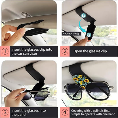 Sunglasses Holder for Car Visor, PU Leather Glasses Clip Organizer, Cute Magnetic Eyeglass Holder for Vehicle Sun Visor, Car Interior Accessory for Women & Men Sunflower Butterfly Field - Image 3