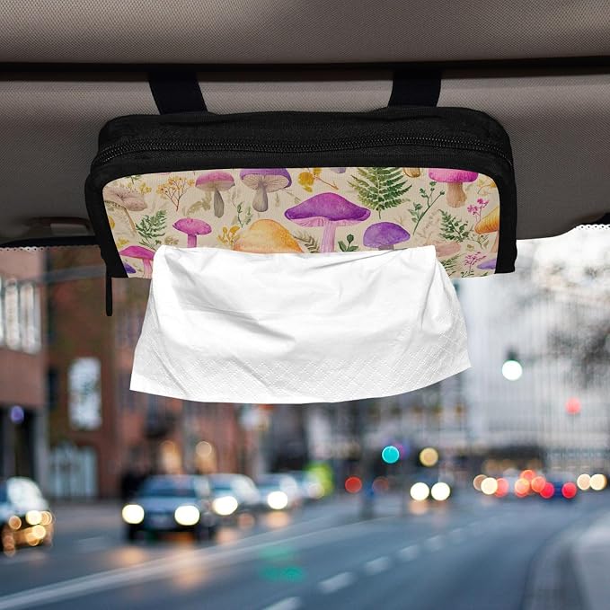 Car Tissue Holder Car Napkin Holder Car Tissue Box Dispenser Storage Case Sun Visor Mask Holder with Adjustable Straps Reusable Refillable Mushroom Colorful Pattern - Image 6