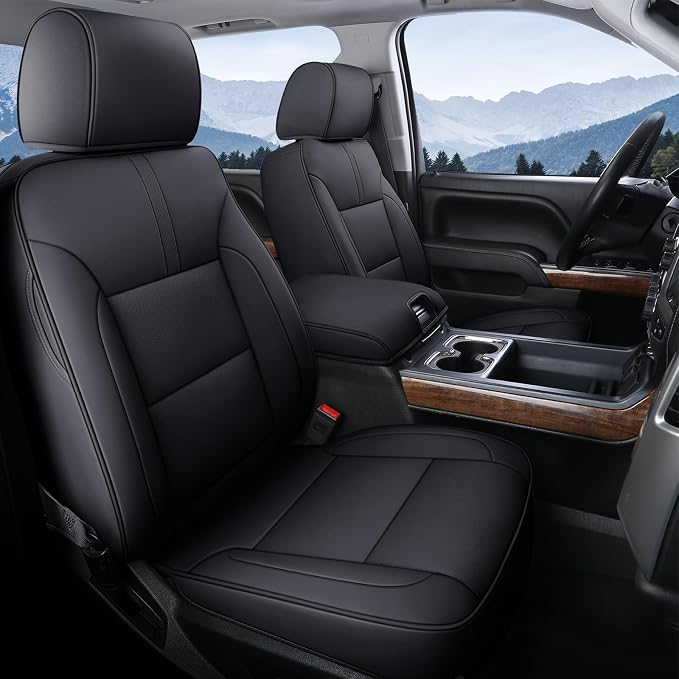 Coverado Chevy Silverado Seat Covers Full Set, Faux Leather Car Seat Covers Fit for 2014-2018 1500, 2015-2019 2500HD 3500HD Chevy Silverado GMC Sierra Crew Double Extended Cab (Black) by COVERADOAUTO
