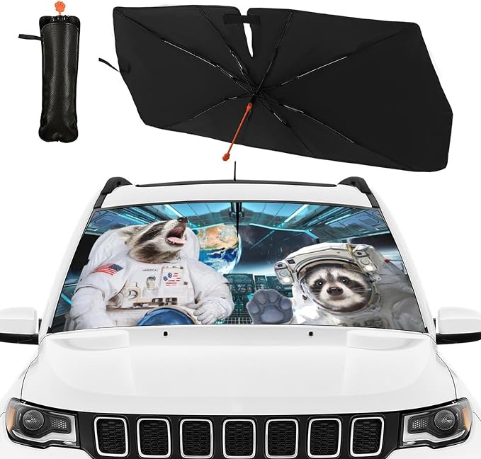 Cute Raccoon Car Windshield Sun Shade Umbrella Funny Raccoons Umbrella Sunshades for Car Rotable Upgraded UV Protecter Windshield Sun Shade Foldable Sunshade with UV Block - Image 2