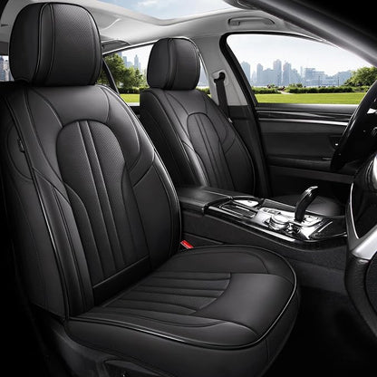 MINGBRON Car Seat Cover Full Set, Leather Car Seat Cover, Waterproof Seat Covers, Car Seat Cushion, Nappa Leather Seat Covers Car Seat Protector Universal Fit Most Cars Black - Image 2