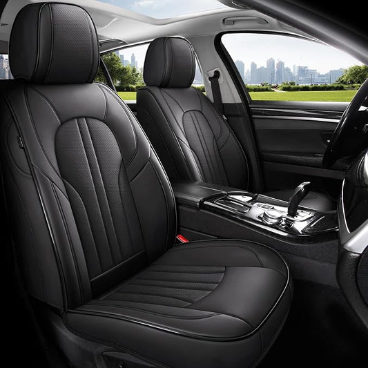 MINGBRON Car Seat Cover Full Set, Leather Car Seat Cover, Waterproof Seat Covers, Car Seat Cushion, Nappa Leather Seat Covers Car Seat Protector Universal Fit Most Cars Black - Image 2