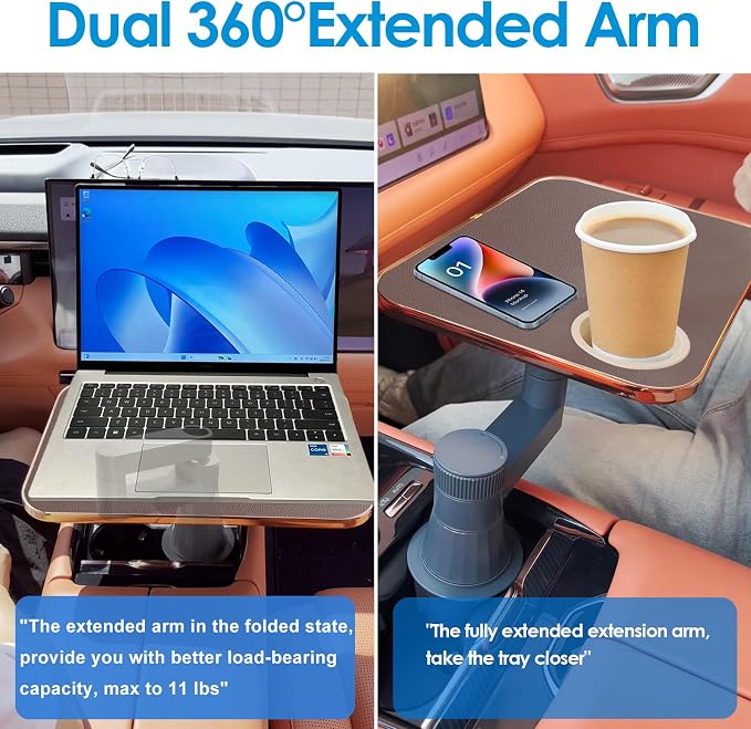 Car Tray& Car Desk for Laptop,Dual 360° Rotating,Anti Slip Leather Surface, Food Tray, Cup Holder Table Compatible with Tesla Model Y/3/S, Ford F150/Explorer/Maverick/Home Theater Seating (Brown) - Image 4