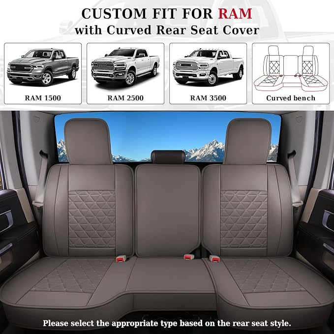 Coverado Dodge Ram Seat Covers Full Set, Waterproof Ram 1500 Seat Cover Compatible with 2002-2026 Dodge RAM 1500 2500 3500 Crew Quad Cab with Curved Bench, Coffee - Image 4