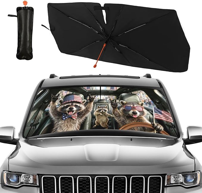 Funny Rocking Raccoon Print Car Sunshade Umbrella Funny Rocking Raccoon Windshield Sun Shade for Car Retractable Umbrella Sunshades for Front Window Sun Shades Cover Visor Portector Block UV Rays - Image 2