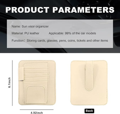 Dickno Small Leather Car Sun Visor Organizer, Multifunctional Auto Visor Document Holder with Sunglasses Clip, Universal Car Interior Organizer for Drving License, Card, Pen (Beige) - Image 2