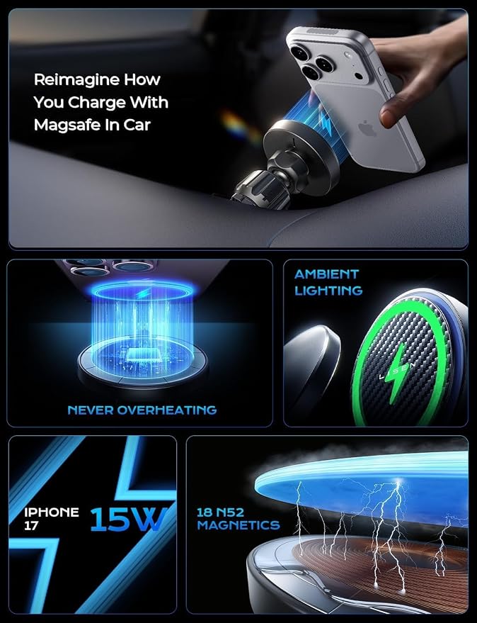 LISEN 15W MagSafe Car Mount Charger,[Carbon Fiber] Magnetic Wireless Car Charger, Dashboard & Air Vent Car Phone Mounts, Magnetic Phone Holder for Car Mount for iPhone 17/16/15/14/13/12, Samsung Pixel | Carbon Fiber 15W Magsafe Car Mount Charger, 2 in ... - Image 5