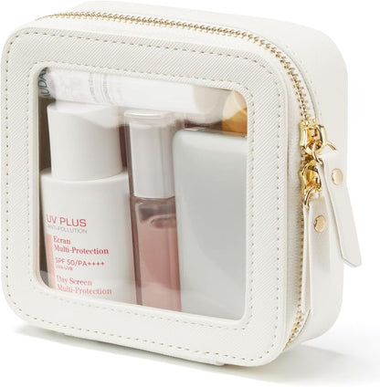 Small Clear Makeup Bag for Purse, Travel Cosmetic Case, White, Mini | Waterproof PU Leather, Transparent Square Make Up Pouch with Zipper, Tiny Toiletry Organizer Bag for Women Car Essentials Bag by POPVIBE
