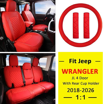 GIANT PANDA Wrangler JL Seat Covers Custom Fit for Jeep Wrangler,Premium Waterproof Faux Leather, 2018 2019 2020 2021 2022 2023 2024 2025 2026 JL 4 Door with Rear Cup Holder Full Set (Red) - Image 2
