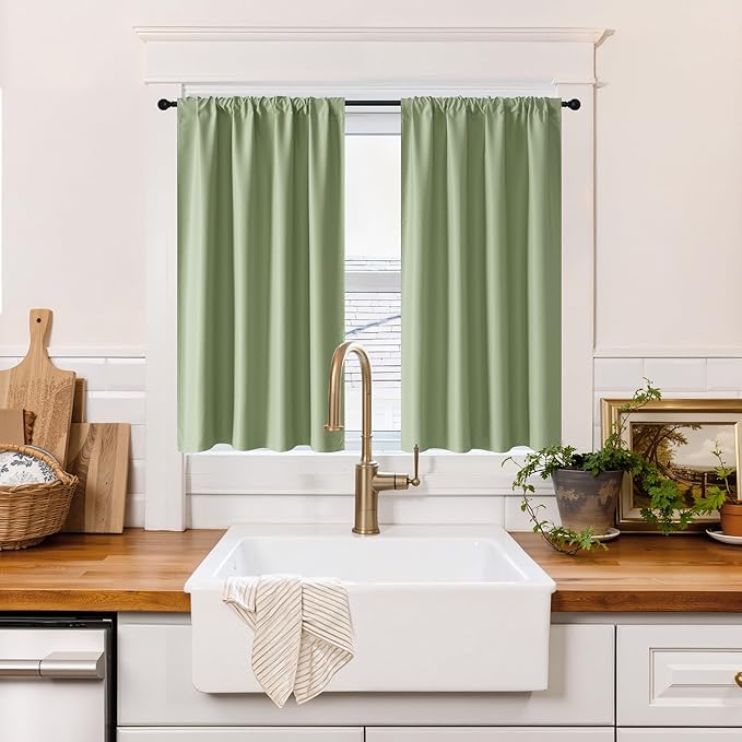 RYB HOME 100% Blackout Short Curtains for Small Window, Thermal Insulated | Total Room Darkening, Noise Reducing, Curtains for Kitchen Bathroom Basement, W52 x L36, Sage Green, 2 Panels by RYBHOME