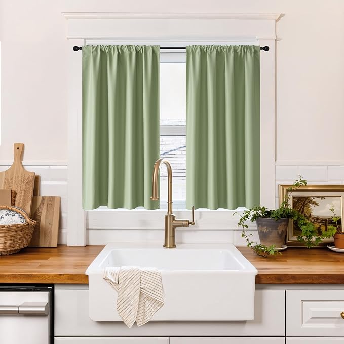 RYB HOME 100% Blackout Short Curtains for Small Window, Thermal Insulated | Total Room Darkening, Noise Reducing, Curtains for Kitchen Bathroom Basement, W34 x L48, Sage Green, 2 Panels by RYBHOME