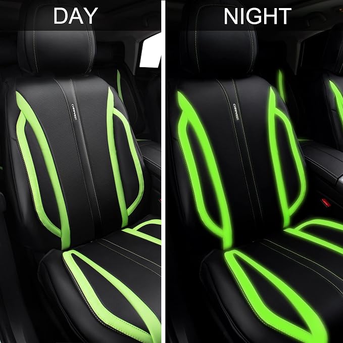 CAR PASS Fluorescent Green & Nappa Leather Seat Covers Full Set, with Backrest Cushion Protector Waist Protection Universal Fit for SUV Pick-up Truck, Automotive Vehicle Interior (Black Green) - Image 3