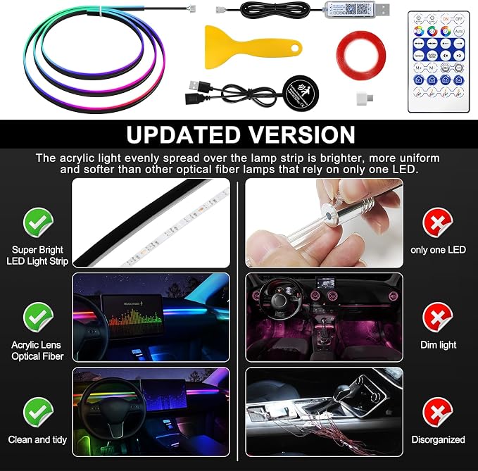 Dreamcolor Acrylic Interior Car LED Strip Light with Motion Sensor Switch, 55.1 inches Neon LED Strip Light, RGB Colors Ambient Lighting Kits - Image 6