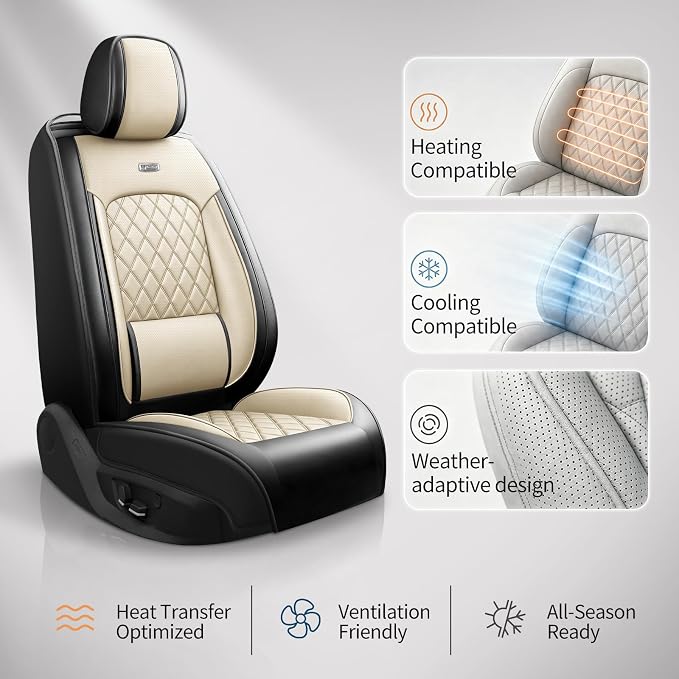 Fit Canyon Car Seat Covers for GMC Canyon 2015-2025 2026 - Luxury Leather, Anti-Slip, All-Weather Seat Cushions, Waterproof & Breathable, Airbag Compatible, Full 5-Seat Set (Beige) - Image 9