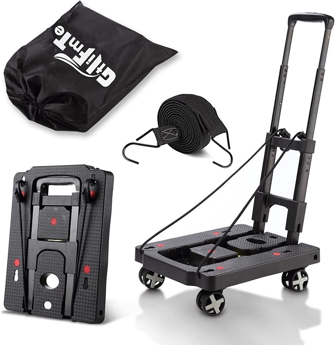 GtIiFmTe Foldable Hand Truck, Lightweight Luggage Cart for Airport Car Seat | Compact Folding dolly with Rotating swivel wheel,storage size12×15.7×4.1",300lbs Load,Upright Lock Handle with 3bungee cords by GtIiFmTe