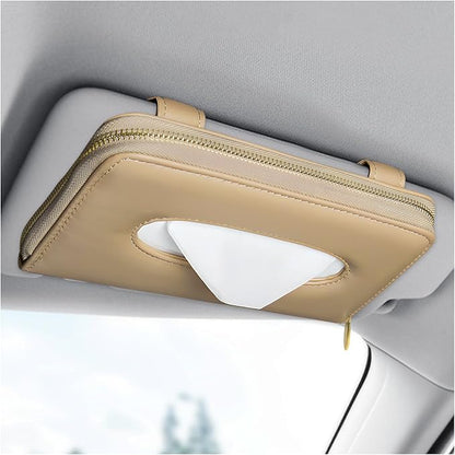 Car Tissue Box, Leather Auto Sun Visor Napkin Case Tissue Case Holder with Zipper, Sunvisor Paper Towel Storage Box Napkin Organizer for Most Vehicles, Car Accessories (Beige) by Unknown