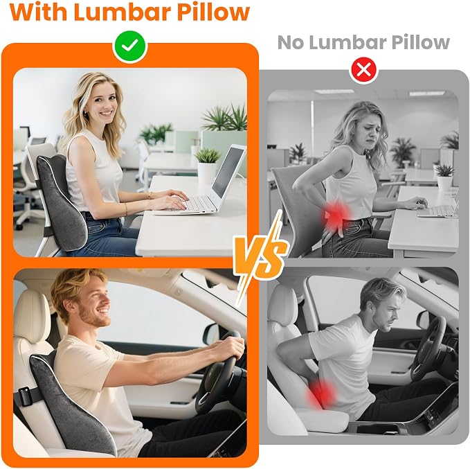 CloudBliss Lumbar Support Pillow, Memory Foam for Office Chair, Gray | Ergonomic High-Density Memory Foam, Adjustable Straps, Washable Mesh Cover, Lower Back Support for Office, Gaming & Car Seat - Image 3