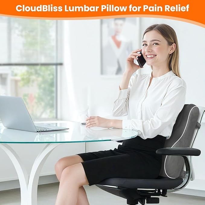 CloudBliss XL Lumbar Support Pillow, Memory Foam for Office Chair, Gray | Ergonomic High-Density Memory Foam, Adjustable Straps, Washable Mesh Cover, Lower Back Support for Office, Gaming & Car Seat - Image 2