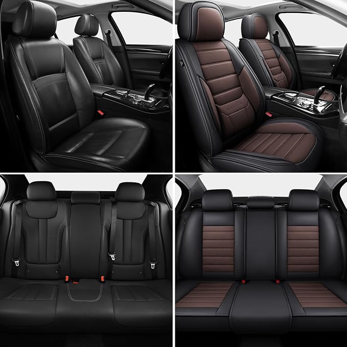 MINGBRON Car Seat Covers Full Set, Brown Car Seat Cover Lumbar Support, Car Seat Protector Waterproof, Nappa Leather Car Seat Cushion, Front Seats and Back Fit for Most Cars - Image 2