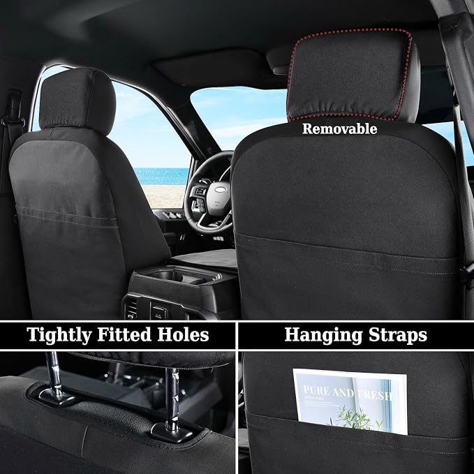 Coverado Front Seat Covers, Waterproof Canvas Seat Protector for Car Seat Cushions for Kids & Dogs, Compatible with 2015-2024 Ford F150 & 2017-2024 Ford F250 F350 F450(Black, 2PCS) - Image 2