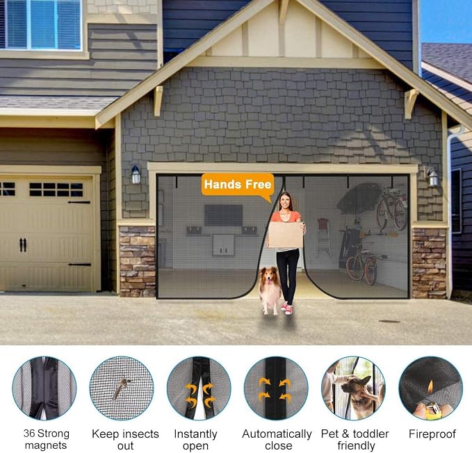 Fiberglass Garage Door Screen, Sunmoxia 9x7Ft Magnetic Heavy Duty Garage Door Curtain with 4 Strapping Tapes - Durable Breathable Mesh Patio Porch Privacy Curtain - Image 2