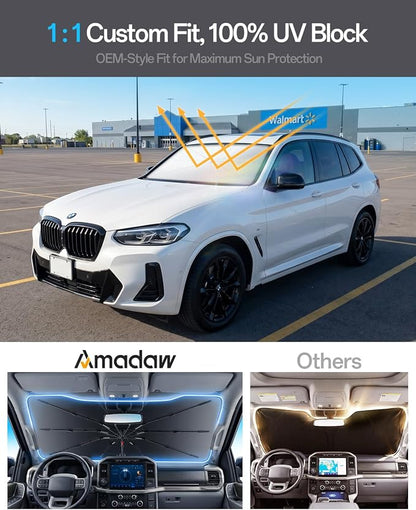 Windshield Sun Shade for BMW X3 2004-2026, Foldable Umbrella Sunshade with 100% UV Block, Multi-Layer Heat Insulation, Reinforced 10-Rib Frame, Keeps Car Cooler, Summer Car Accessory - Image 3