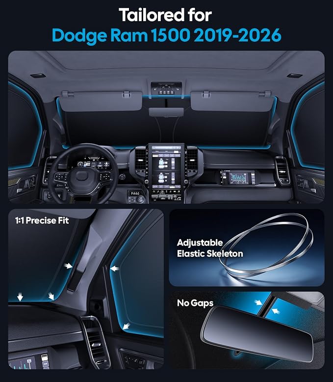 Wigoo 2026 6PC Full Set Window Sunshade for Dodge Ram 2500 3500 2010-2026 | 7-Layer Cooler & Blacker, Ice-Crystal Tech, Full Set Shades With Windshield for Sun Block, Camping Accessories - Image 5