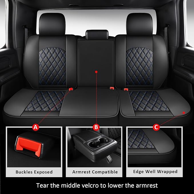 Dodge Ram Seat Covers Full Set for 2009-2026 Ram 1500/2500/3500,Blue | Leather Ram Seat Cover,Waterproof Truck Seat Covers,Blue Car Seat Cover,Heavy Duty Seat Covers With Split Flat Bench 40/60 - Image 3