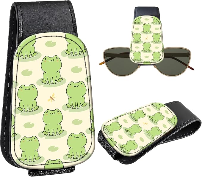 Leather Magnetic Sunglass Holder for Car Sun Visor, Cute Eyeglass Ticket Card Hanger Clip, Universal Auto Interior Accessories for SUV Pickup Truck, Kawaii Frog by Unknown