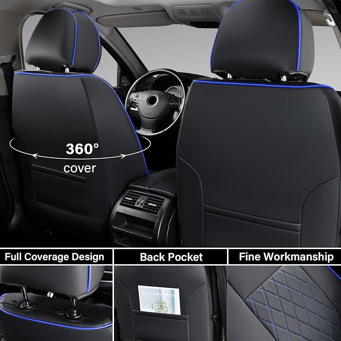 Coverado Tacoma Seat Covers, Car Seat Covers Front Seats, Leather Seat Covers for Cars Car Seat Protector Cushion Tacoma Accessories Custom Fit 2005-2015 Toyota Tacoma Double/Crew Cab(Blue Line) - Image 2