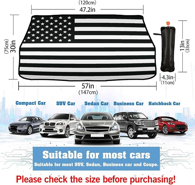CHILL�TEK US Flag Car Windshield Sun Shade Umbrella, American Foldable Umbrella Sunshade for Front Window UV Reflector Protection Auto Shades Cover black 1,57x31 In - Image 2