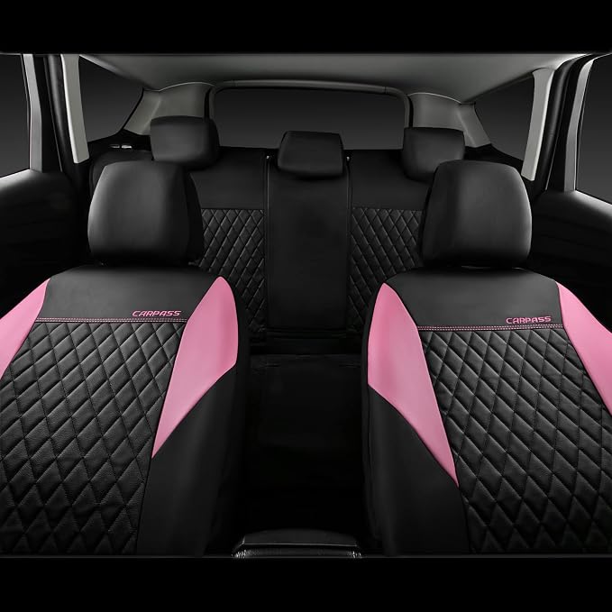 CAR PASS Pink Leather Seat Covers,Girly Quilting Pretty Cute Car Seat Cover with 5mm Composite Sponge Inside,Airbag Compatible, Universal Fit for Most Sedan,SUV,Vans(Full Set,Pink) - Image 6
