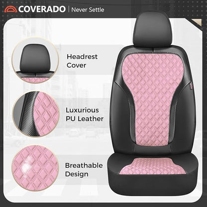 Coverado Car Seat Covers Full Set, Pink Car Seat Covers, Luxury Leather Car Seat Cover with Carbon Fiber Textured Design, Spill-Proof Seat Cushions, Automotive Seat Cover Universal Fit Most Cars - Image 6