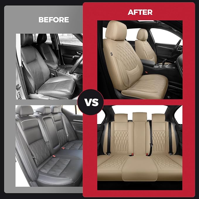 FREESOO Car Seat Covers Full Set Faux Leather Universal Fit Beige | faux nappa leather seat covers, waterproof breathable, full set lumbar support, front rear covers, fit sedans suvs pickups - Image 9
