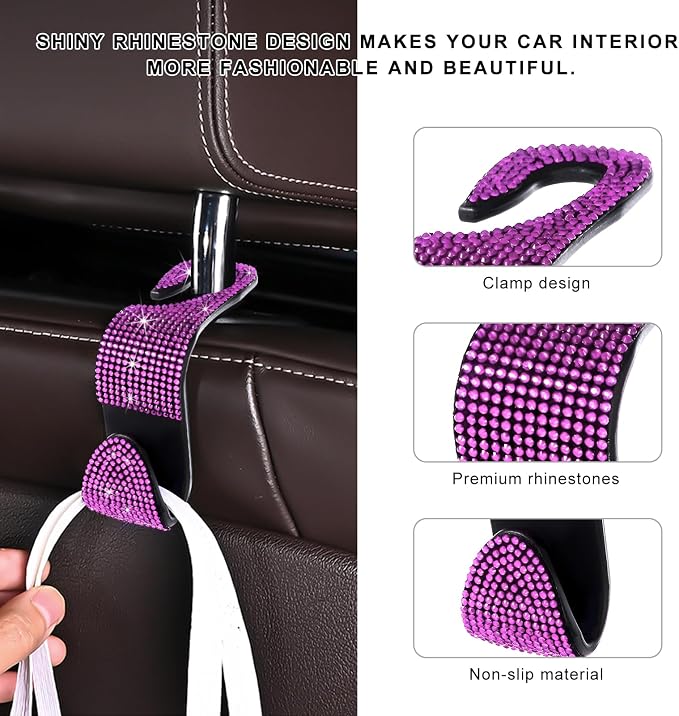 4 PCS Car Seat Headrest Hooks, Bling Crystal Rhinestone Back Seat Hanger Storage Organizer, Sparkly Seatback Holder Hooks for Purse and Bags Universal For Most Vehicles (Pink) - Image 3