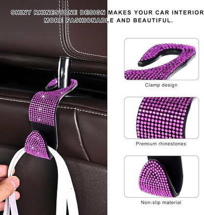 4 PCS Car Seat Headrest Hooks, Bling Crystal Rhinestone Back Seat Hanger Storage Organizer, Sparkly Seatback Holder Hooks for Purse and Bags Universal For Most Vehicles (Pink) - Image 3