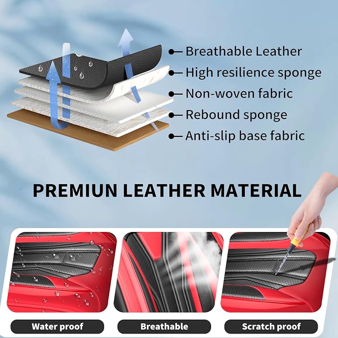 Fit Rogue Car Seat Covers Compatible with Nissan Rogue 2014-2026 - Full Set Premium Leather Waterproof Breathable，All-Weather Seat Cushion Protecto & Airbag Compatible (Full Set Red & Black) - Image 6