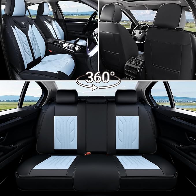 Coverado Car Seat Covers Full Set, Automotive Seat Covers Car Seat Protector Car Seat Cushion, Waterproof Leather Seat Covers for Cars, Universal Fit for Most Sedan SUV Pick-up Truck(Black&Light Blue) - Image 7
