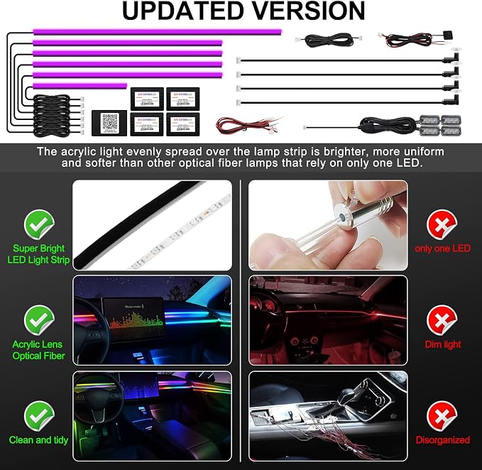 Acrylic Interior Car LED Strip Light with Wireless APP, RGB 14 in 1 with 175 inches 593 LEDs Fiber Optic Ambient Lighting Kits, 16 Million Colors Sound Active Function Car Neon Lights - Image 5