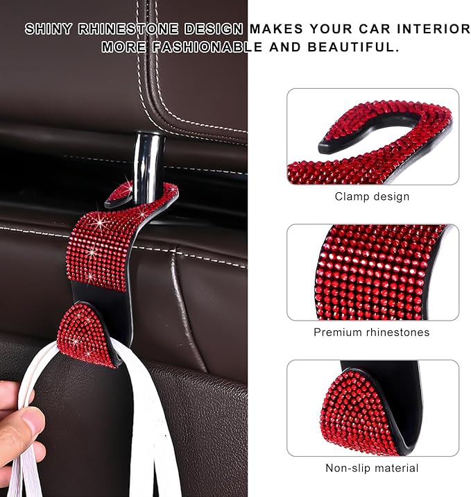 4 PCS Car Seat Headrest Hooks, Bling Crystal Rhinestone Back Seat Hanger Storage Organizer, Sparkly Seatback Holder Hooks for Purse and Bags Universal For Most Vehicles (Red) - Image 3