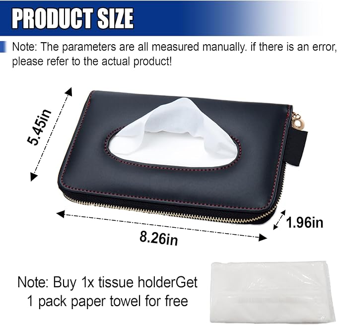 Car Tissue Holder, Leather Car Sun Visor Napkin Box with Tissue Refill, Auto Backseat Paper Carton Mask Dispenser with Zipper, Universal Hanging Vehicle Towel Clip for RV, SUV, Truck (Black) - Image 2