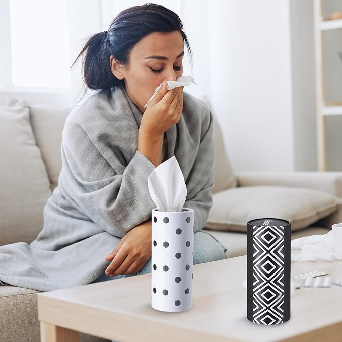 Outus 12 Pcs Geometric Car Tissues Cylinder Holder with 3 Ply Facial Tissue Bulk Black White Round Tissue Holder Travel Tissues Boxes Container for Car Cup Wedding Birthday Party - Image 5