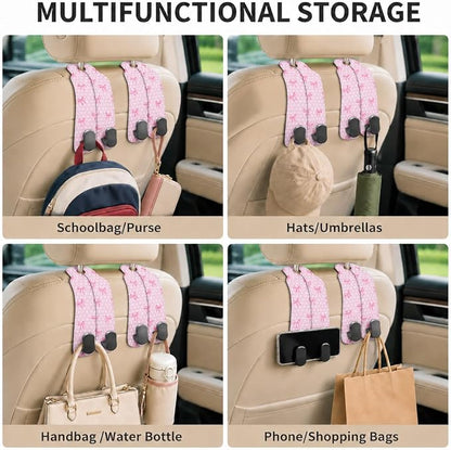 Cute Pink Bow Car Seat Back Storage Headrest Hooks for Purses & Bags – 2PCS PU Leather Dual Metal Hooks, Backseat Organizer Accessories - Image 6