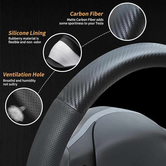 Uxcer Carbon Fiber Leather Steering Wheel Cover for Tesla Model 3/Y 2016-2025 2026 Juniper/Highland, Non-Slip Breathable Steering Wheel Protector for Tesla Model 3/Y Accessories 2026 - Image 5