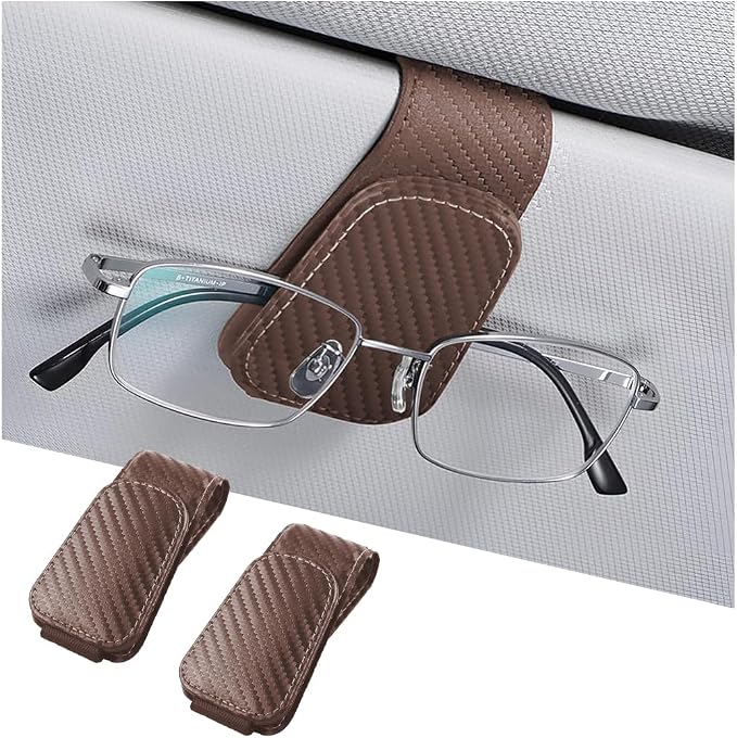 AICEL 2PCS Sunglasses Holders for Car Sun Visor, Carbon Fiber, Brown | Leather Eyeglasses Hanger Mounter, Magnetic Glasses Holder and Ticket Card Clip, Car Accessories, Universal Fit by AICEL