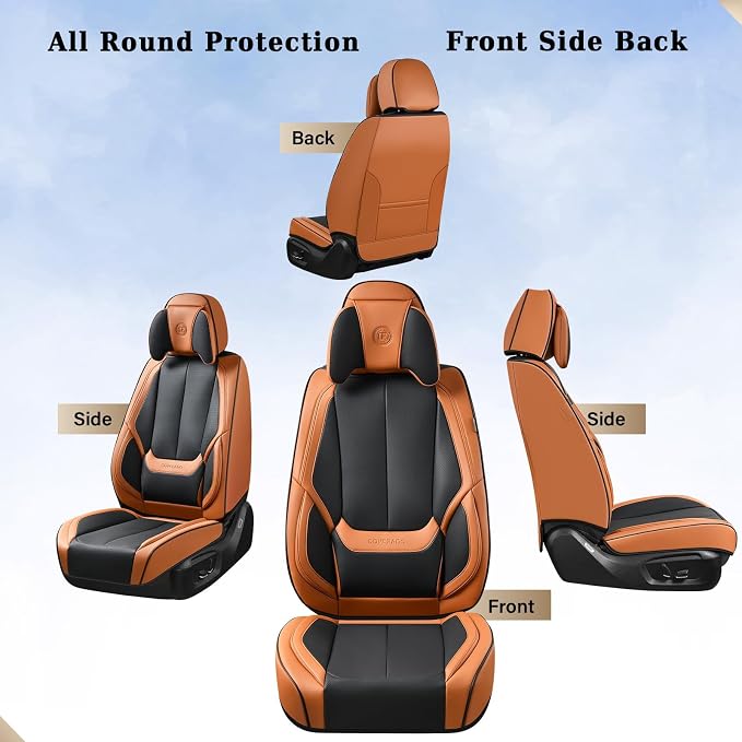 Coverado Universal Seat Covers Full Set, 5 Seats Universal Seat Covers for Cars, Waterproof Nappa Leather Car Seat Covers with Head Pillow, Auto Protectors Fit for Most SUV Pick-up Truck-Black&Brown - Image 3