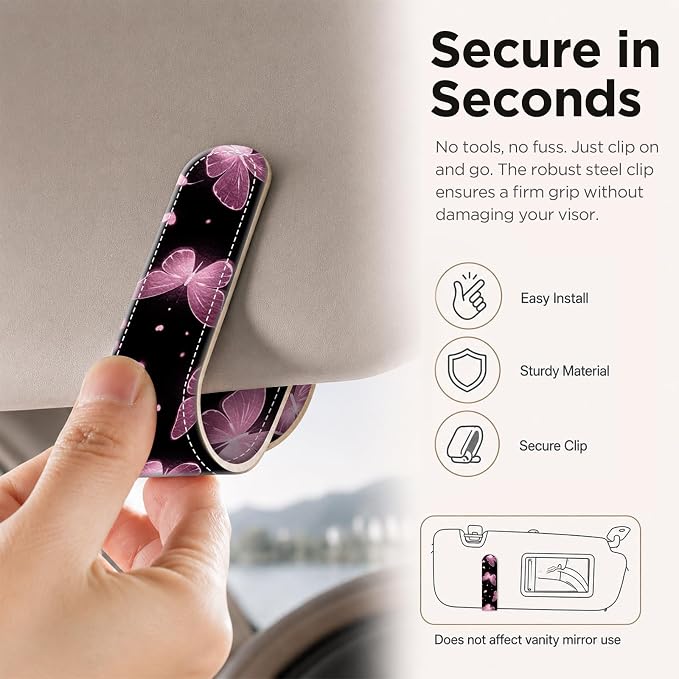 Sunglasses Holder for Car Visor, PU Leather Glasses Clip Organizer, Cute Magnetic Eyeglass Holder for Vehicle Sun Visor, Car Interior Accessory for Women & Men, Butterfly Night - Image 4