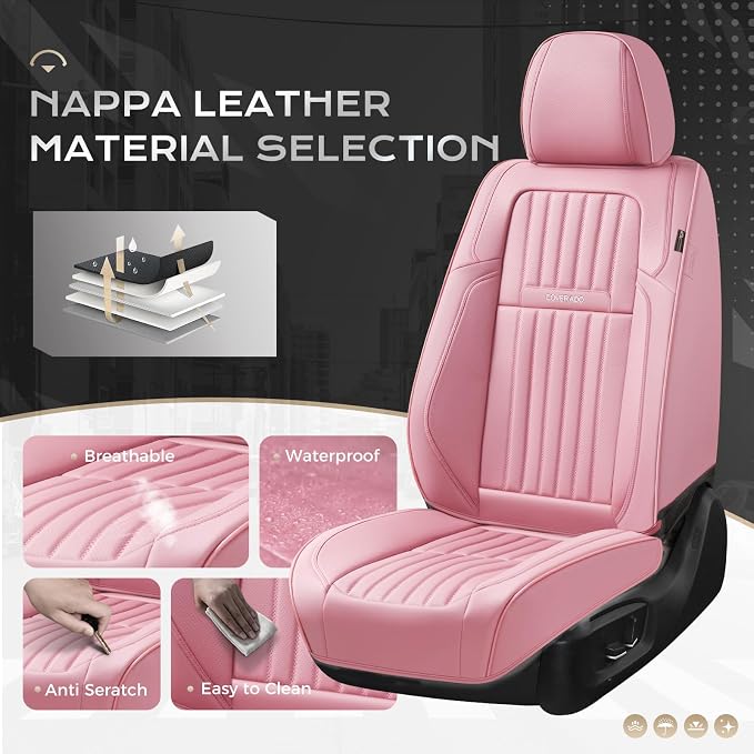 Coverado Car Seat Covers Full Set, Seat Covers for Cars, Car Seat Cover, Car Seat Protector, Leather Car Seat Cushion, Waterproof Car Seat Covers Front Seats and Back Fit for Most Cars(Pink) - Image 2