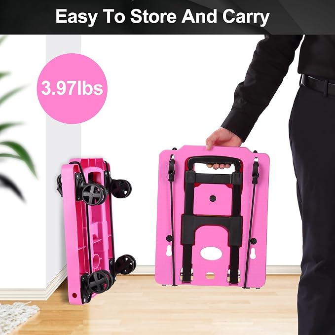GtIiFmTe Foldable Hand Truck, Lightweight Luggage Cart for Airport Car Seat | Compact Folding dolly with Rotating swivel wheel,storage size12×15.7×4.1",300lbs Load,Upright Lock Handle with 3bungee cords - Image 7