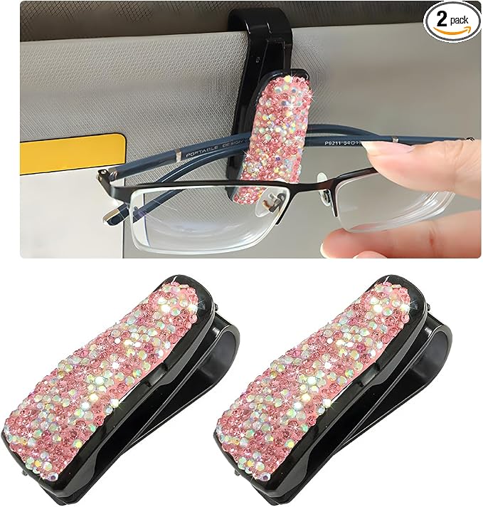 Wevdn 2 PCS Car Sun Visor Glasses Holder, Fashion Bling Car Eyeglasses Sunglasses Hanger for Women Girls, Glasses Holder Clip Hanger Mount with Ticket Card Clip, Car Accessories (Pink Colorful) by Unknown